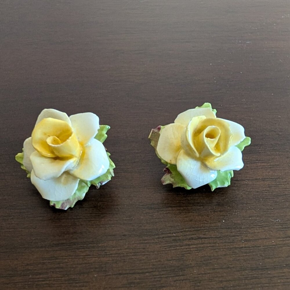 Vintage 1950s-60s England Bone China, Yellow Rose Clip-on Earrings